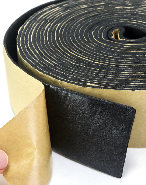 Close-up of Foam Pipe Wrap Insulation Tape Two Inch By One Eighth Inch By Thirty Foot Four Pack Self Adhesive Thermal Wrap in black with peeled adhesive layer.