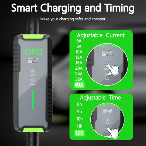 Level 2 EV Charger 40A 240V Portable J1772 With 21 Ft Cable And NEMA 14 50 Plug Beefy Adjustable Current And Timing Delay 9.6KW