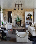 Farmhouse Pendant Light For Kitchen Island With Black Metal And Wood Beam Finish in a rustic modern living room ceiling