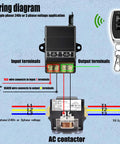 Wiring diagram with Wireless Remote Switch Kit With 40A Relay And RF Control 110V 120V 240V, showing input and output terminals.