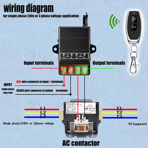 Wiring diagram with Wireless Remote Switch Kit With 40A Relay And RF Control 110V 120V 240V, showing input and output terminals.