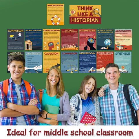 Think Like A Historian Posters 16 Pack Social Studies Classroom Decorations Thinking Posters Bulletin Board Set For Middle And High School 11 By 13.8 Inches Ideal For Office Or Home Learning displayed with students.