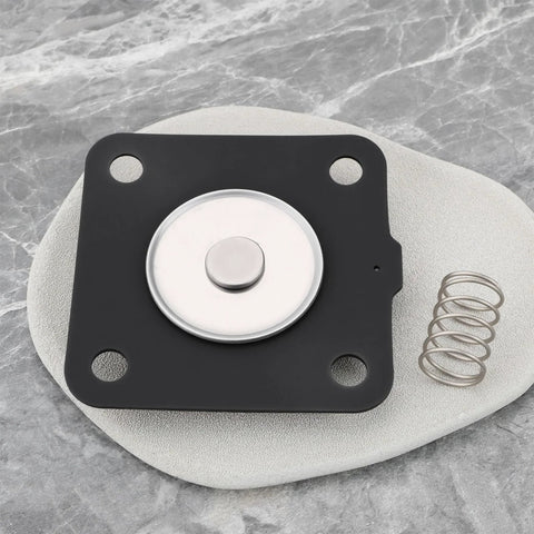 Pulse valve diaphragm plate for 1-inch valve with spring; black square plate with four holes and silver diaphragm.