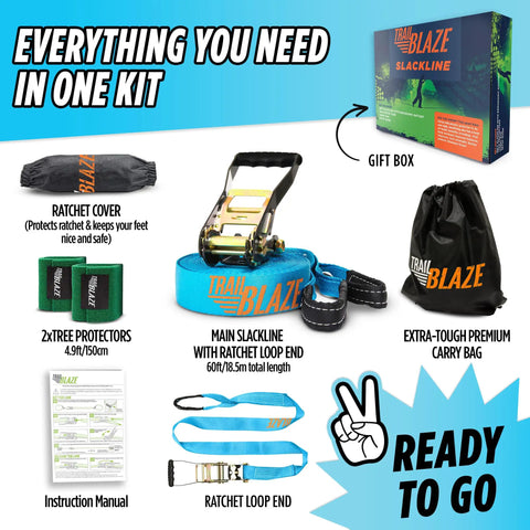 60ft Backyard Slackline Kit With Wide Tree Protectors For Kids And Adults, kit contents with blue slackline and carry bag