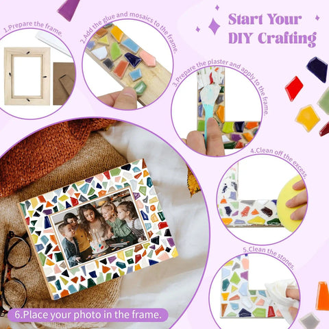Decorate Your Own Mosaic Picture Frame Kit With Colorful Mosaics Glue Spreader Grout And Everything You Need For 5x7 Or 4x6 Photos DIY Mosaic Craft Kit For Adults Christmas Valentines Day Gifts displayed with crafting steps.