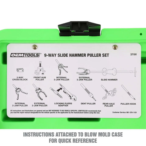 Slide Hammer Puller Set With Dent Puller CV Axle And Bearing Removal Tool Kit displayed with instructions in case