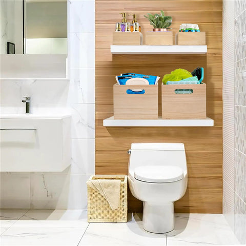 Three Piece Unfinished Wood Crates Organizer Bins for pantry closet and arts crafts storage on bathroom shelves for organization.