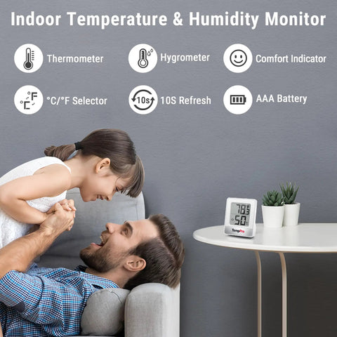 3 Pack Digital Hygrometer Kit With Indoor Outdoor Temperature And Humidity Monitor displayed on table with comfort indicator icons.