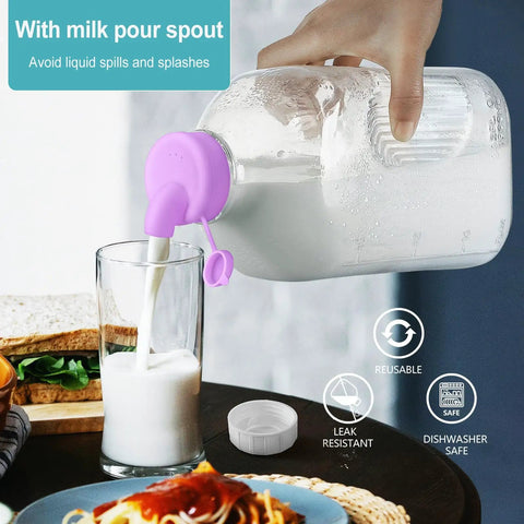 Pouring milk from 64 Oz Heavy Duty Glass Milk Bottle With Airtight Screw Cap Reusable One Half Gallon Water Bottle With Scale Lines