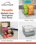 Industrial Gray Utility Basket With Easy Grip Handles For Kitchen Pantry Organization And Closet Shelf Bins Durable Steel Wire Container Open Grid Design Heavy Duty Shelving with snacks, toys, and towels.