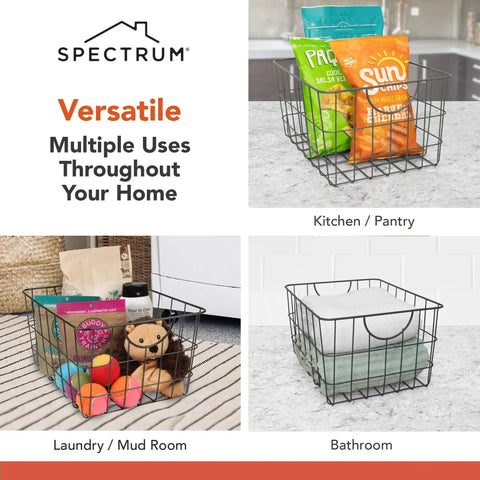 Industrial Gray Utility Basket With Easy Grip Handles For Kitchen Pantry Organization And Closet Shelf Bins Durable Steel Wire Container Open Grid Design Heavy Duty Shelving with snacks, toys, and towels.