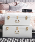 Two Dope Vintage Style Metal Storage Trunks With Gold Handles And Locks, Space Saving Organizer For Home Dorm And Office