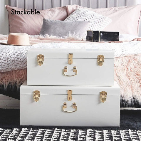 Two Dope Vintage Style Metal Storage Trunks With Gold Handles And Locks, Space Saving Organizer For Home Dorm And Office