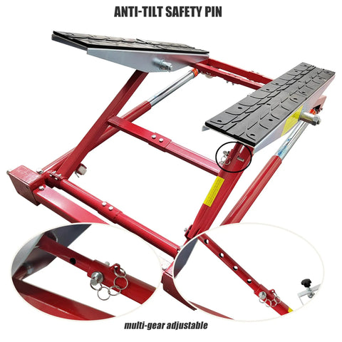 Close-up of Portable Car Lifter Featuring Dual Workbench Auto Scissor Lift mechanism with anti-tilt safety pin and adjustable multi-gear design.