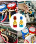 R1234yf To R134a Adapter Kit For Car AC Systems, Quick Couplers with red and blue dual color gauges on engine and in hand