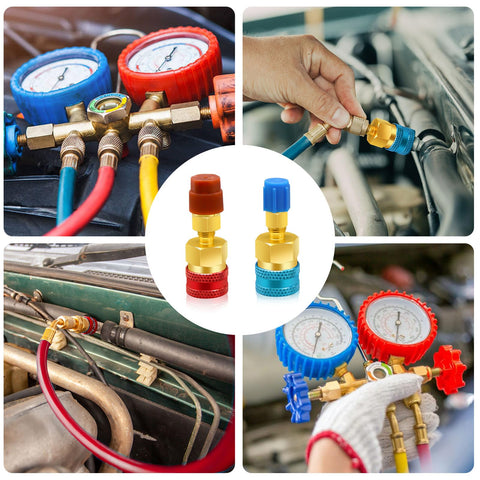 R1234yf To R134a Adapter Kit For Car AC Systems, Quick Couplers with red and blue dual color gauges on engine and in hand