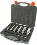 Seven piece annular cutter kit in a protective case, designed for Pro Level Magnetic Drill Press With 1700 Watt Variable Speed Motor.