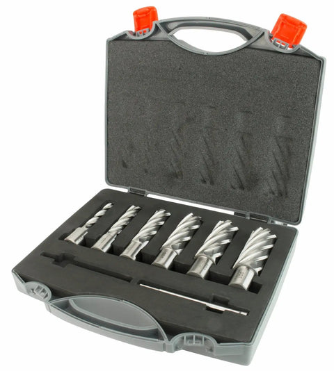 Seven piece annular cutter kit in a protective case, designed for Pro Level Magnetic Drill Press With 1700 Watt Variable Speed Motor.