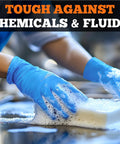 Blue nitrile exam gloves, 6-mil, large size, used for dishwashing.