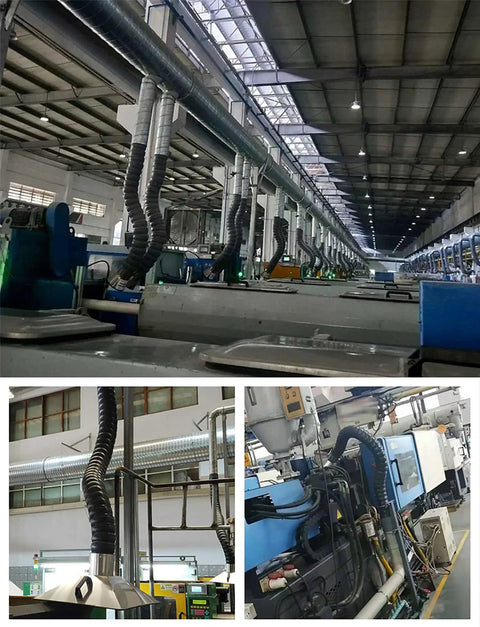 Top Shelf Heavy Duty Welding Fume Extractor Arm With Smooth Bending Hose capturing smoke in a bustling industrial workshop.