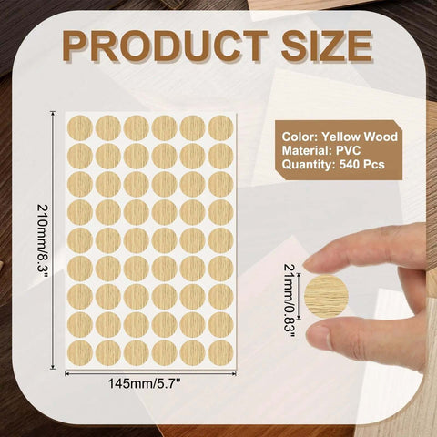 Heavy Duty Self Adhesive Screw Hole Caps 540 Pack Slick Yellow Wood Grain Finish showing dimensions and quality material for use in furniture restoration.