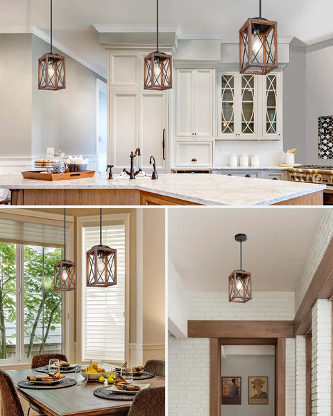 Farmhouse Pendant Light Set, Metal Hanging Fixture With Wooden Grain Finish, 48 Inch Adjustable Pipe System for kitchen island