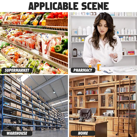 Heavy Duty Metal Shelf Clips With Super Sturdy Adjustable Mounts For Closets And Bookshelves displayed in supermarket, pharmacy, warehouse, and home.