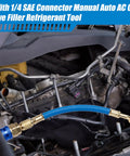 Hand Push Oil And Dye Injector Kit For Car AC Compressor, 30ml with 1/4 SAE quick coupler attached to car AC system