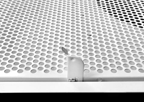 Close-up of 24 By 24 Inch T Bar Drop Ceiling Return Grill With Perforated Front And Rust Free Aluminum Back Casing Six Inch Collar