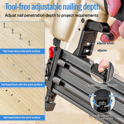 Tool-free adjustable nailing depth feature of 18 Gauge Pneumatic Brad Nailer Kit with 2000 Nails Included Lightweight Finish Nail Gun