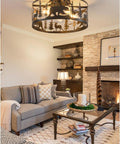 Living room featuring Straight Up Farmhouse Ceiling Fan With Integrated Lights And Remote Control Rustic Black Caged Fandelier above a cozy sofa.