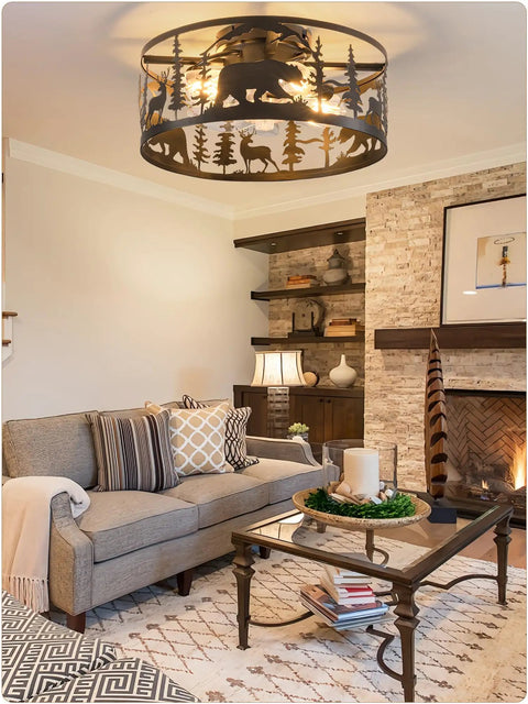 Living room featuring Straight Up Farmhouse Ceiling Fan With Integrated Lights And Remote Control Rustic Black Caged Fandelier above a cozy sofa.