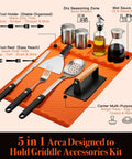 Orange Silicone Griddle Mat 5 In 1 Organizer For BBQ Tools And Drip Pad Side Mat shown with griddle and BBQ tools arranged on top.