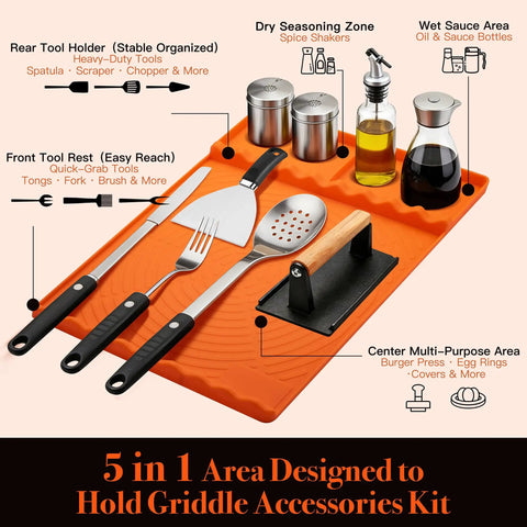 Orange Silicone Griddle Mat 5 In 1 Organizer For BBQ Tools And Drip Pad Side Mat shown with griddle and BBQ tools arranged on top.