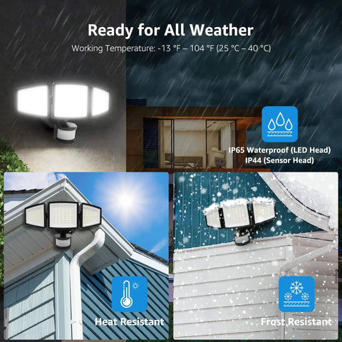 LED Security Light Outdoor Motion Sensor Flood Light With 3 Adjustable Heads 270 Degree Wide Coverage 3200 Lumens IP65 Waterproof