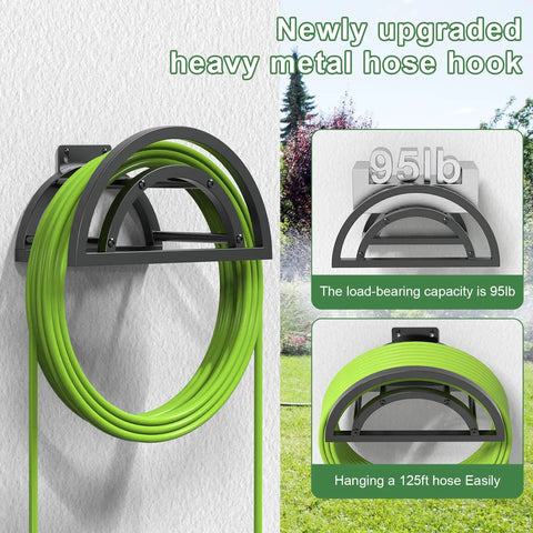Heavy Duty Outdoor Hose Holder Wall Mount for 125Ft Hose, Detachable Reel Storage Organizer, Metal Hose Rack, Black
