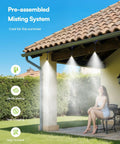 Outdoor Misting System Kit With Water Filter, 59 Ft Misting Line And 17 Premium Nozzles installed on patio roof cooling area