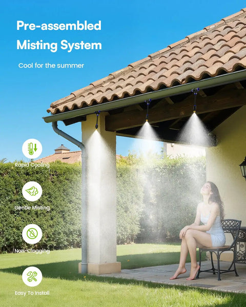 Outdoor Misting System Kit With Water Filter, 59 Ft Misting Line And 17 Premium Nozzles installed on patio roof cooling area