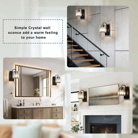 Black Crystal Wall Sconce Light Sleek Modern Indoor Wall Lighting for Living Room Hallway Bedroom Bathroom Stairway shown in use
