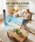 Ace Bladeless Tower Fan That Beats The Heat With Slick Indoor Cooling And Ultra Quiet Operation Featuring Five Speeds Sixty Degree Rotation Remote Control Settings And Led Display For Bedroom Or Home Office Chill Out Zones. Oscillating 60° for effective airflow in living areas.