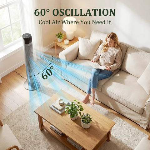 Ace Bladeless Tower Fan That Beats The Heat With Slick Indoor Cooling And Ultra Quiet Operation Featuring Five Speeds Sixty Degree Rotation Remote Control Settings And Led Display For Bedroom Or Home Office Chill Out Zones. Oscillating 60° for effective airflow in living areas.