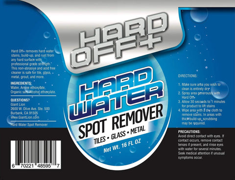 Hard Off Plus Hard Water Stain And Spot Remover label for bathroom surfaces, shower doors, glass, tile, 16oz bottle with instructions