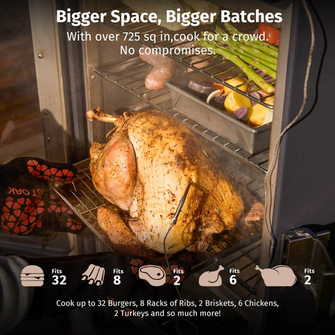 30 Inch Electric Smoker For Outdoors With Built In Meat Probe And Clear Viewing Window Side Chip Loader For 6x Longer Smokes And 725 Sq In Cooking Area For Bigger Batches Night Blue Finish showing turkey inside and vegetables on top rack
