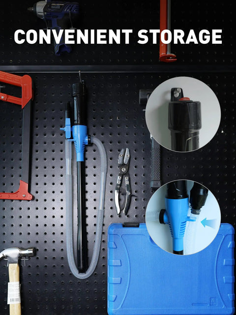 Cordless Fuel Transfer Pump For On The Go Use shown hanging for convenient storage on a black pegboard with tools