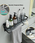 Black Glass Bathroom Shelf Wall Mounted 15.7 Inch Tempered Glass Shelving, Two Tier With Four Removable Hooks showing toiletries