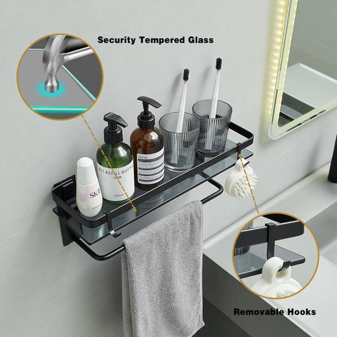 Black Glass Bathroom Shelf Wall Mounted 15.7 Inch Tempered Glass Shelving, Two Tier With Four Removable Hooks showing toiletries