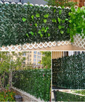 Realistic Ivy Privacy Fence Screen 120x40 Inch for Balcony Outdoor Decor with Faux Vines on white lattice fence panels in garden