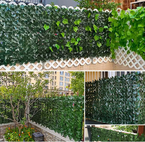 Realistic Ivy Privacy Fence Screen 120x40 Inch for Balcony Outdoor Decor with Faux Vines on white lattice fence panels in garden