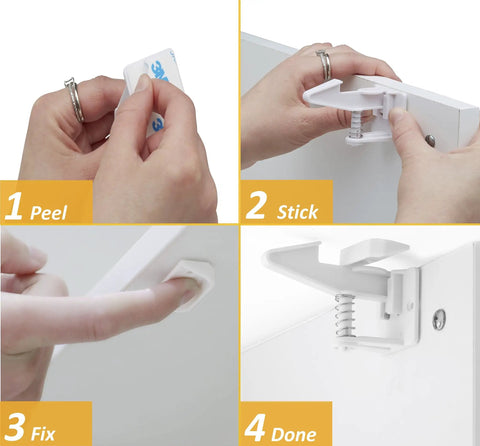 Steps to install 12 Pack Invisible Baby Proofing Cabinet Locks With Sticky Adhesive Latches For Cabinets And Drawers No Drill No Tools Required