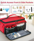 Front view of red Mancro first aid bag with multiple pockets and visible medical supplies.